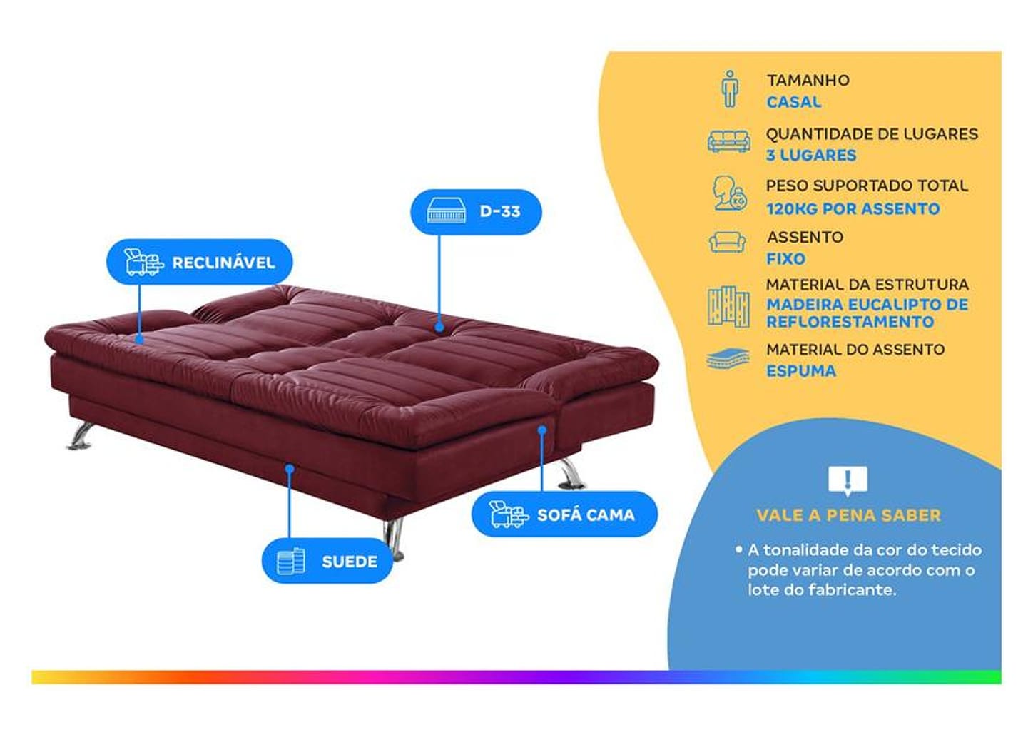 Sofá-cama Casal 3 Lugares Reclinável Maya