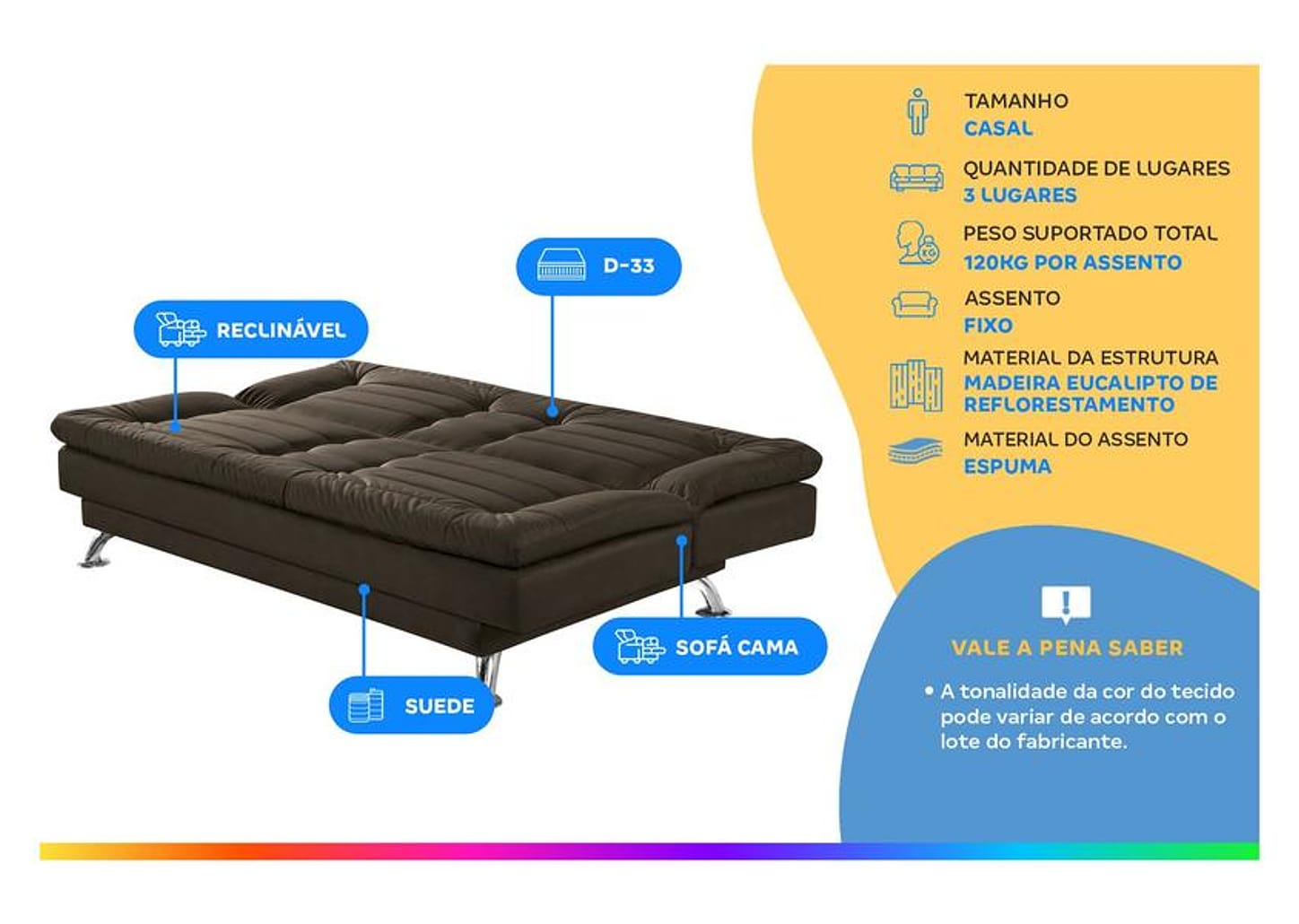 Sofá-cama Casal 3 Lugares Reclinável Maya