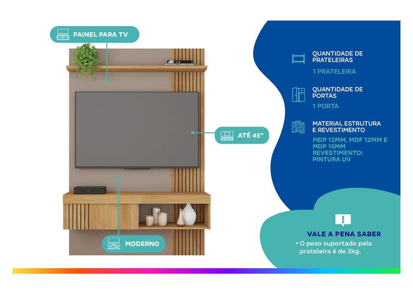 Painel para TV até 45" Caemmun Jade 1.2 1 Prateleira