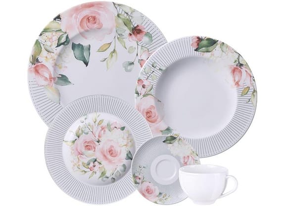 Aparelho de Jantar e Chá 20 Peças Tramontina Redondo de Porcelana Branco Ornatta 96589050