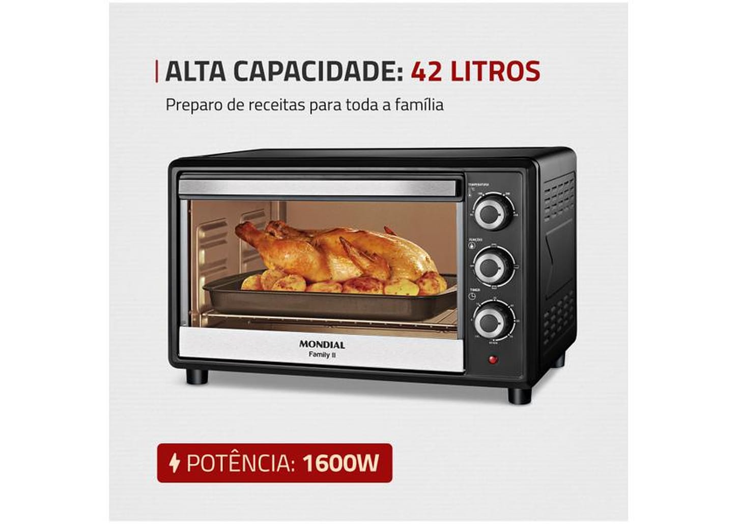 Forno Elétrico de Bancada Mondial com Timer 42L - Preto Family II FR-42
