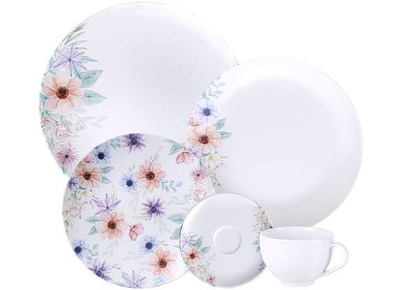 Aparelho de Jantar e Chá 20 Peças Tramontina Redondo de Porcelana Branco Floratta 96589024