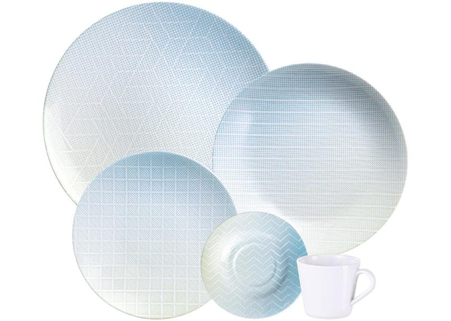 Aparelho de Jantar e Chá 20 Peças Tramontina Redondo de Porcelana Branco e Azul Polaris 96589040