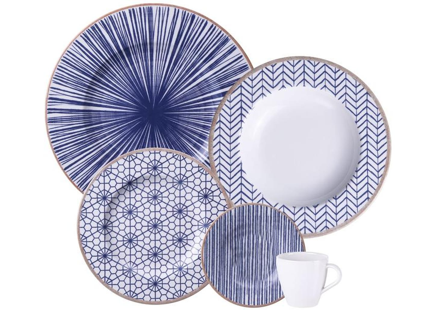 Aparelho de Jantar Chá e Café 20 Peças Tramontina Redondo de Porcelana Branco e Azul Abstratta 96589048