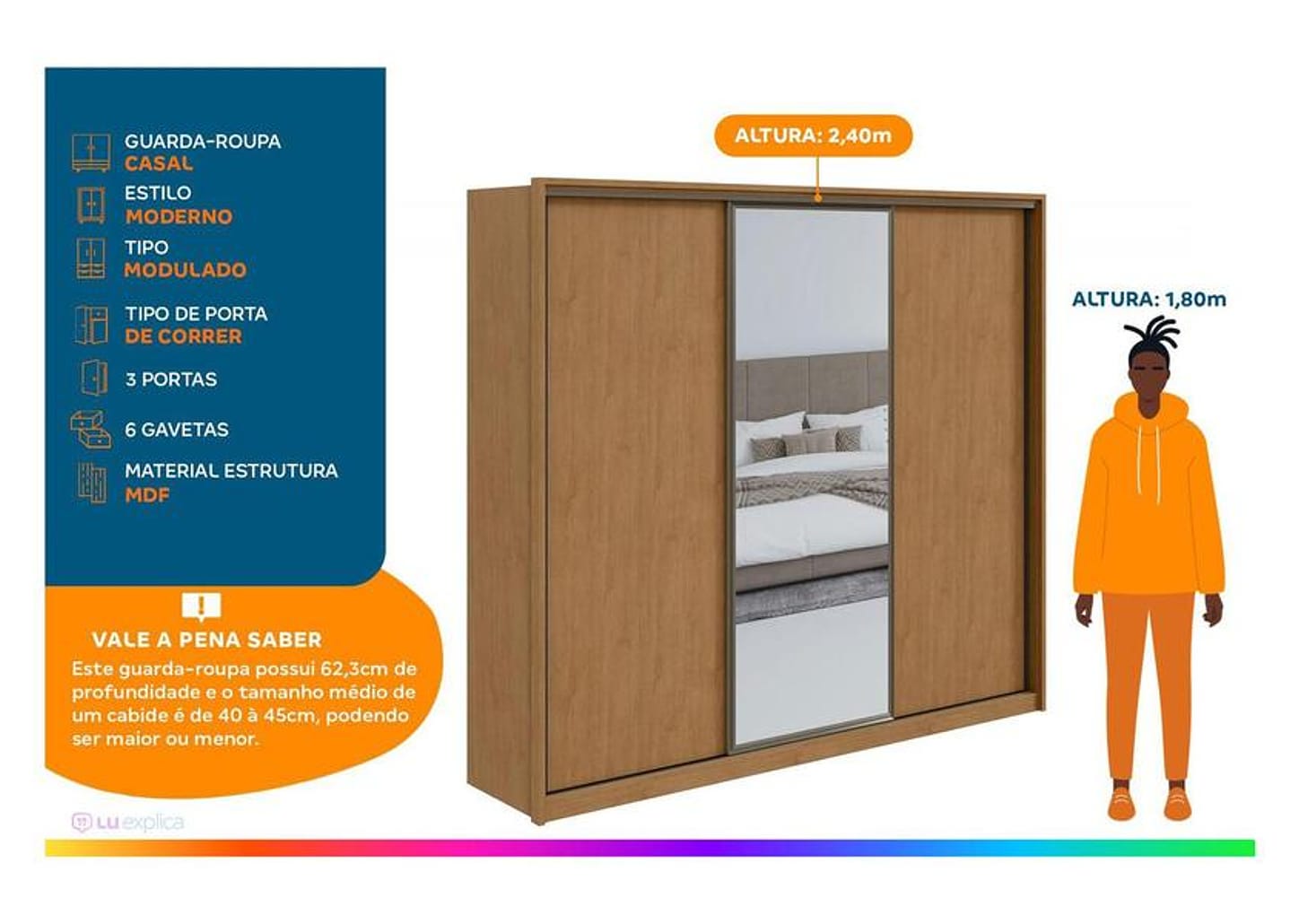 Guarda-roupa Casal com Espelho 3 Portas 6 Gavetas Caemmun Spazio