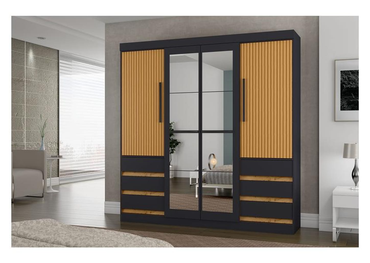 Guarda-roupa Casal com Espelho 4 Portas 6 Gavetas Araplac Sofia