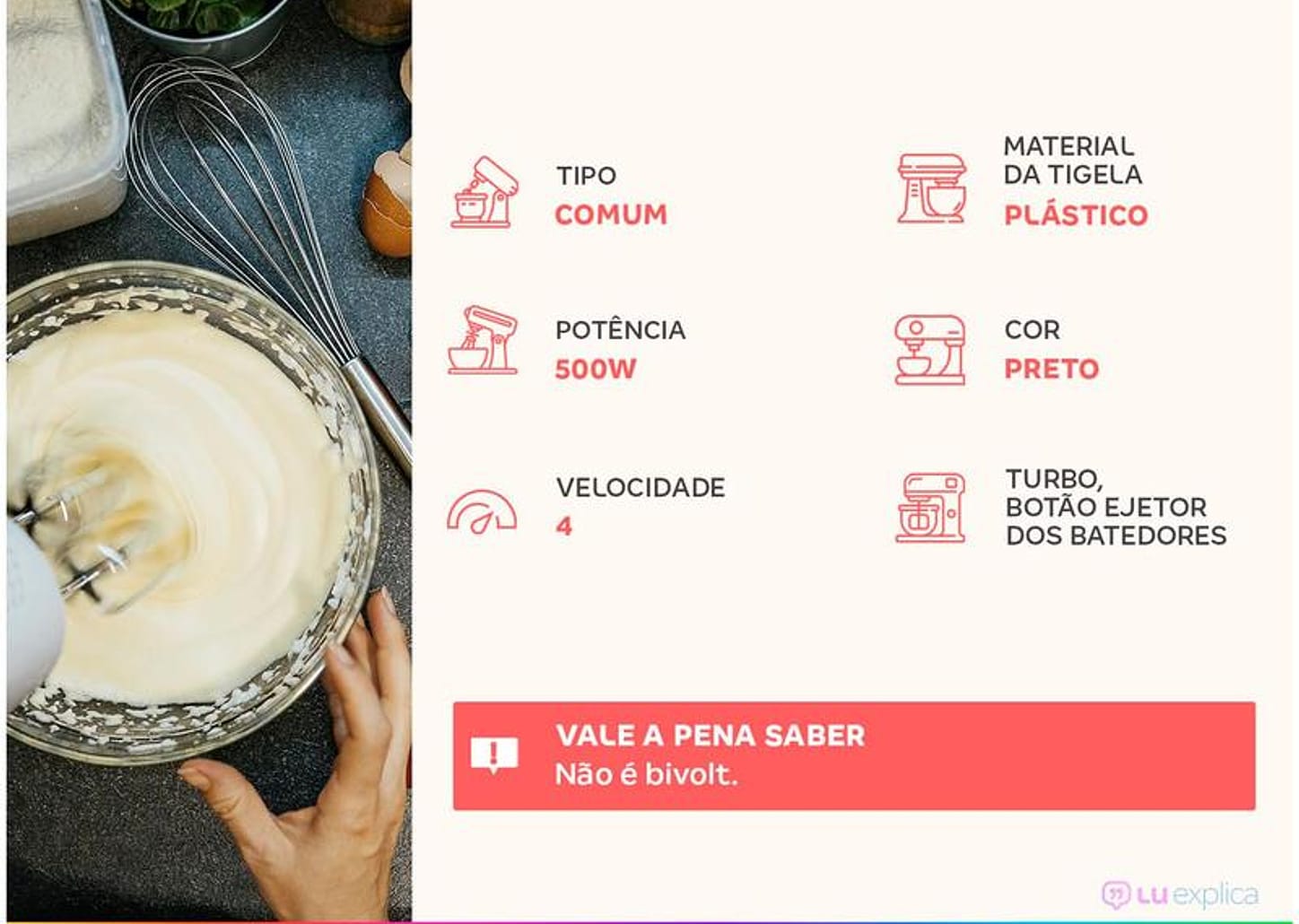 Batedeira Britânia Preta 500W 4 Velocidades 4,3L Pérola 550