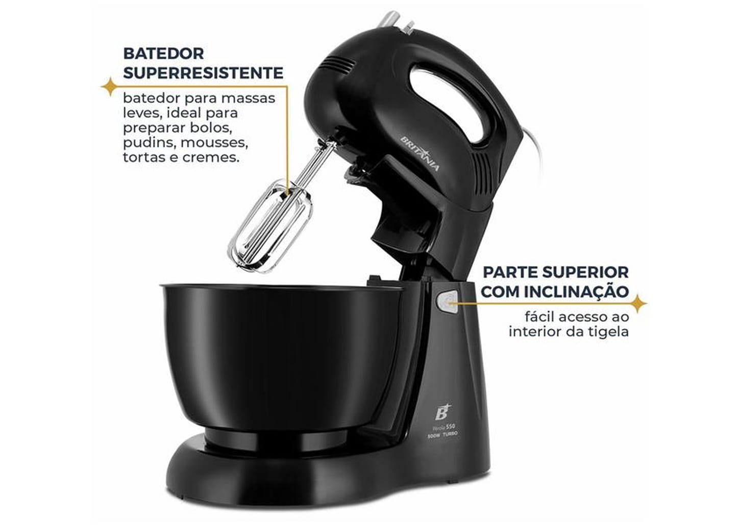 Batedeira Britânia Preta 500W 4 Velocidades 4,3L Pérola 550