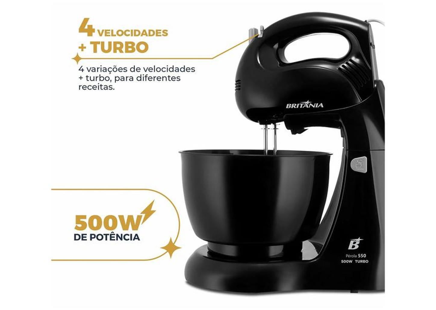 Batedeira Britânia Preta 500W 4 Velocidades 4,3L Pérola 550