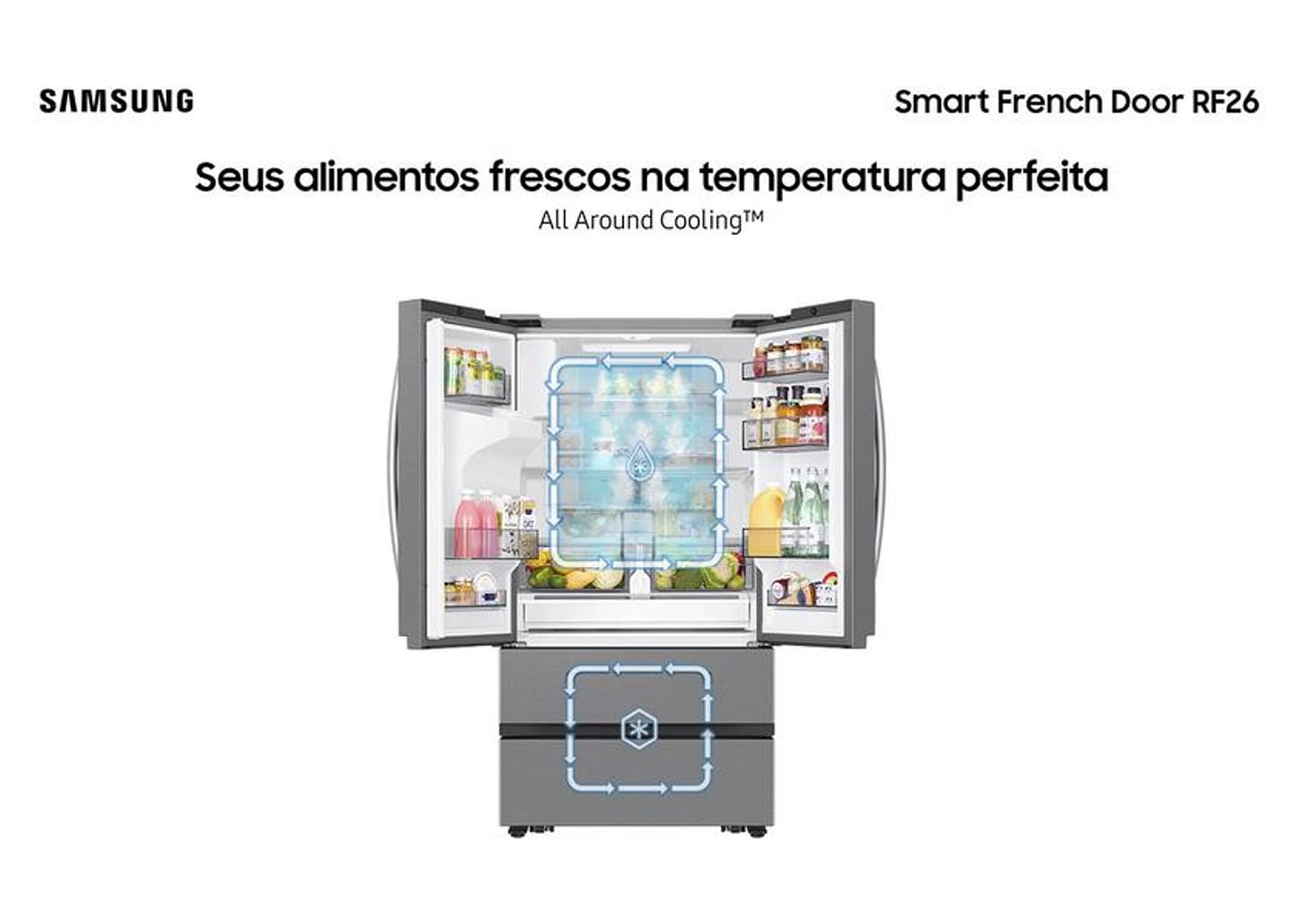 Geladeira/Refrigerador Samsung Smart Frost Free French Door Prata 467L com Dispenser de Água e Gelo RF26CG740
