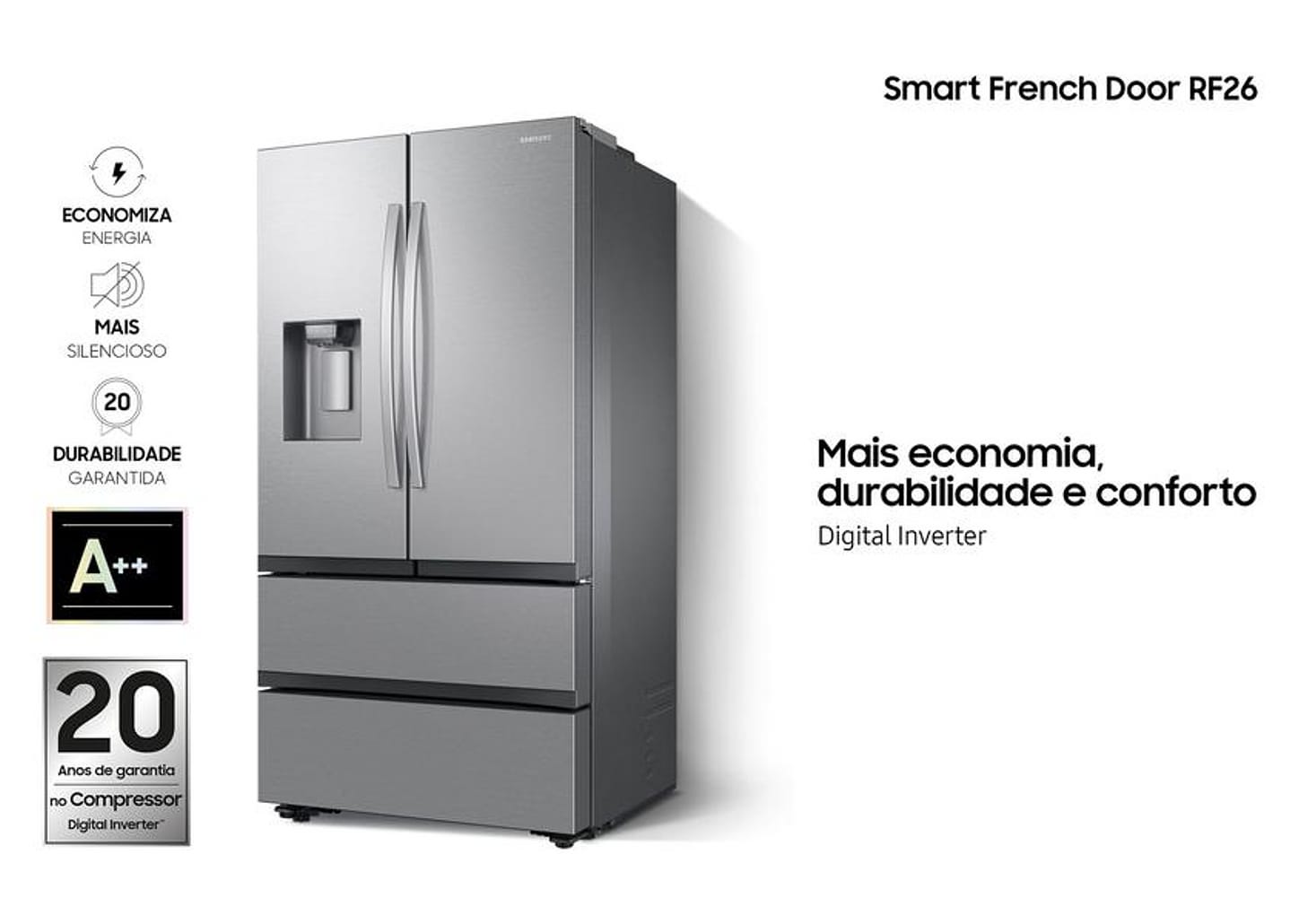 Geladeira/Refrigerador Samsung Smart Frost Free French Door Prata 467L com Dispenser de Água e Gelo RF26CG740