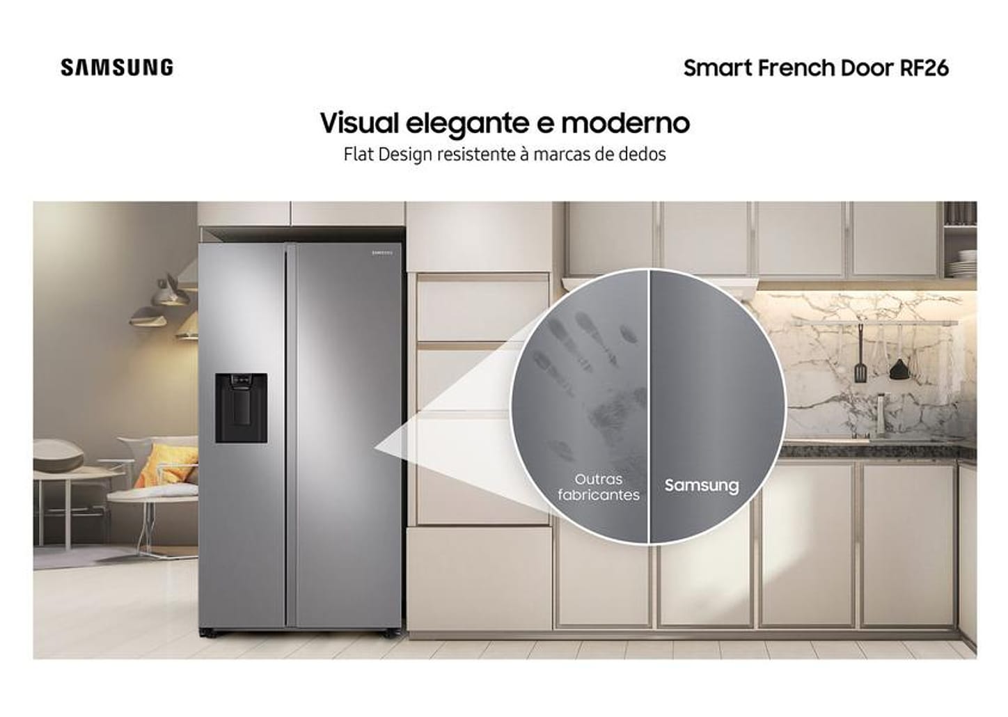 Geladeira/Refrigerador Samsung Smart Frost Free French Door Prata 467L com Dispenser de Água e Gelo RF26CG740