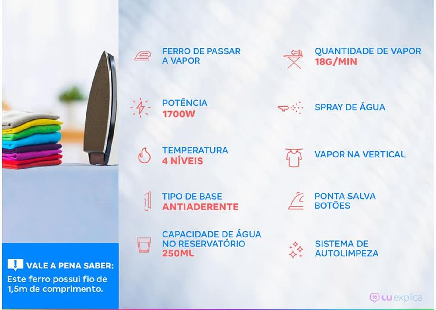 Ferro de Passar Roupa a Vapor Philips Walita 1000 Series DST1050/20 Branco e Azul