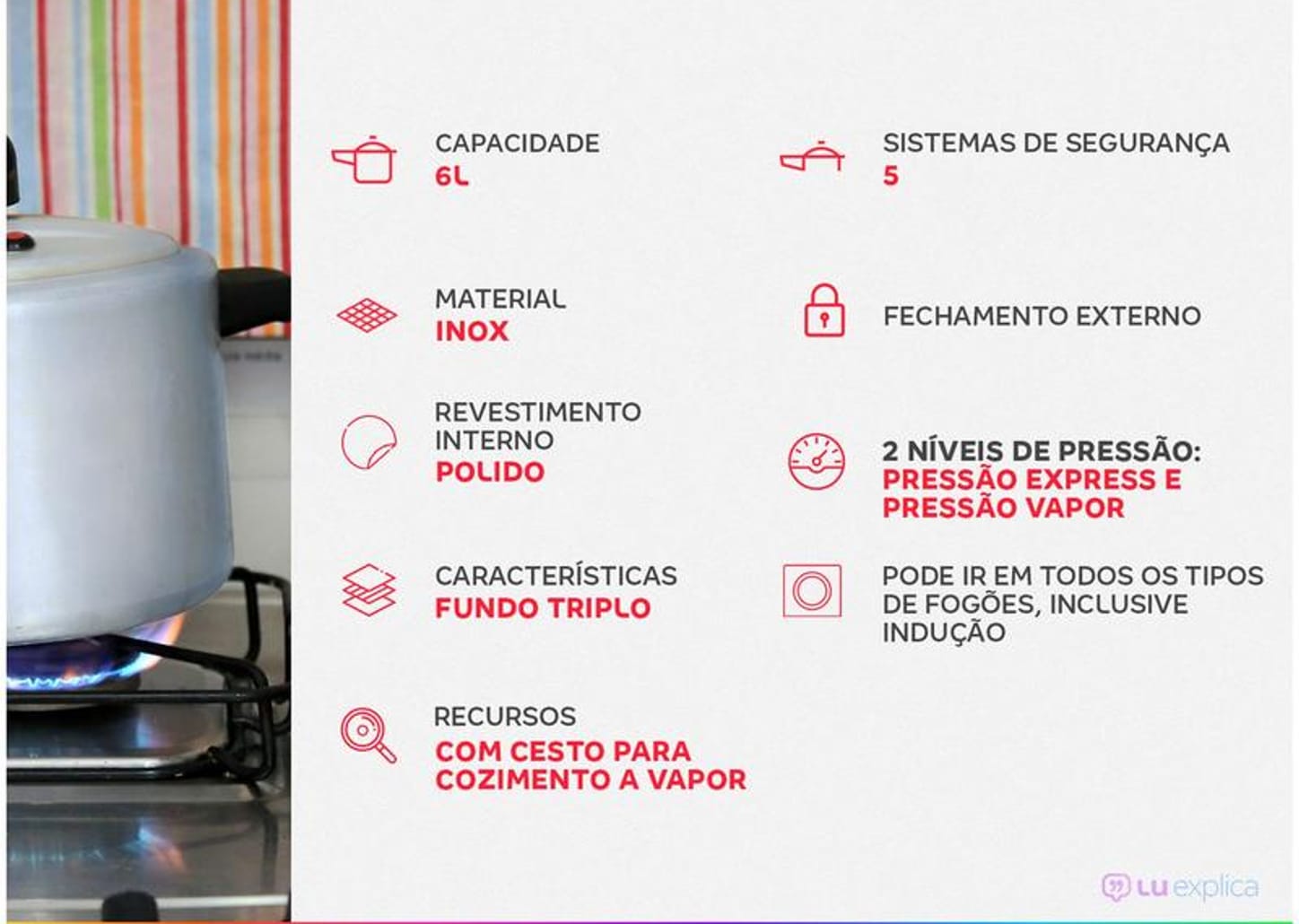 Panela de Pressão Rochedo Inox 6L Fechamento Externo Secure Trendy