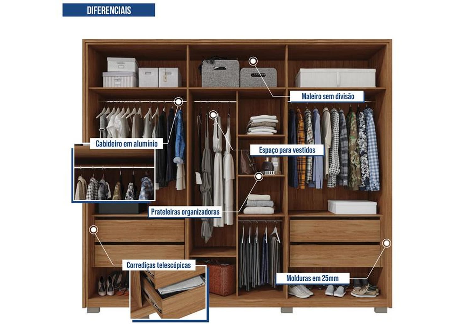 Guarda-roupa Casal 6 Portas 4 Gavetas Caemmun Cristal