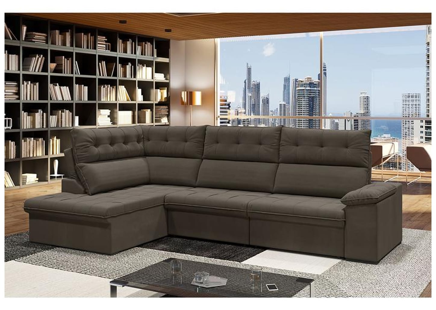 Sofá de Canto 6 Lugares Retrátil Reclinável Suede Veludo Madrid Flexforma Estofados