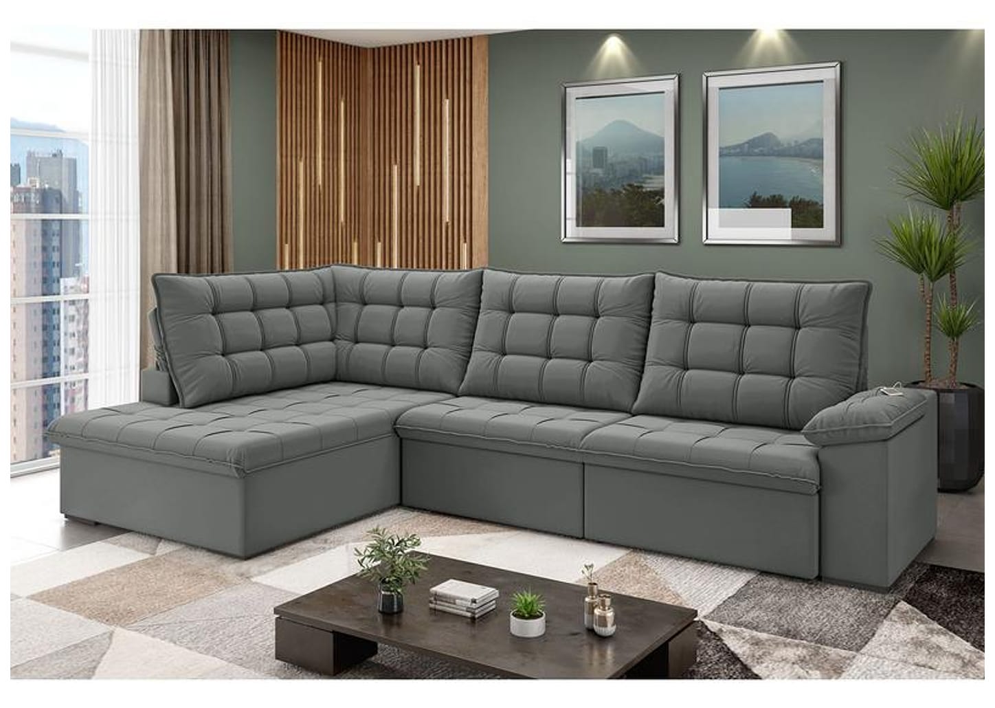 Sofá de Canto 6 Lugares Retrátil Reclinável Suede Veludo Dallas Flexforma Estofados