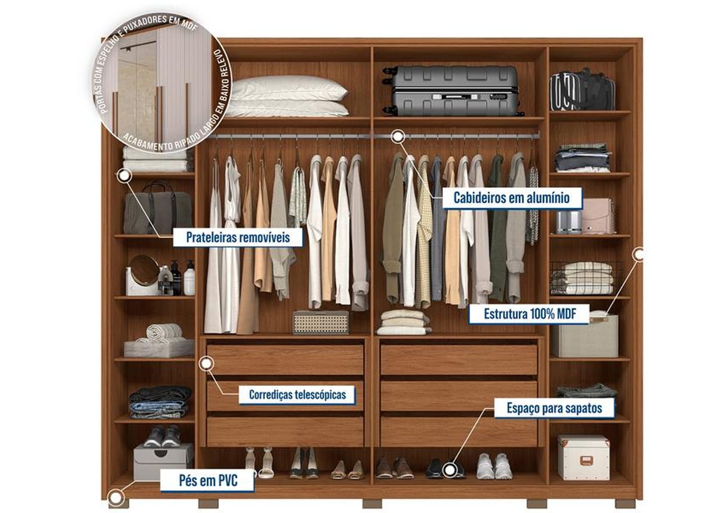 Guarda-roupa Casal com Espelho 6 Portas 6 Gavetas Caemmun Quintus Lux