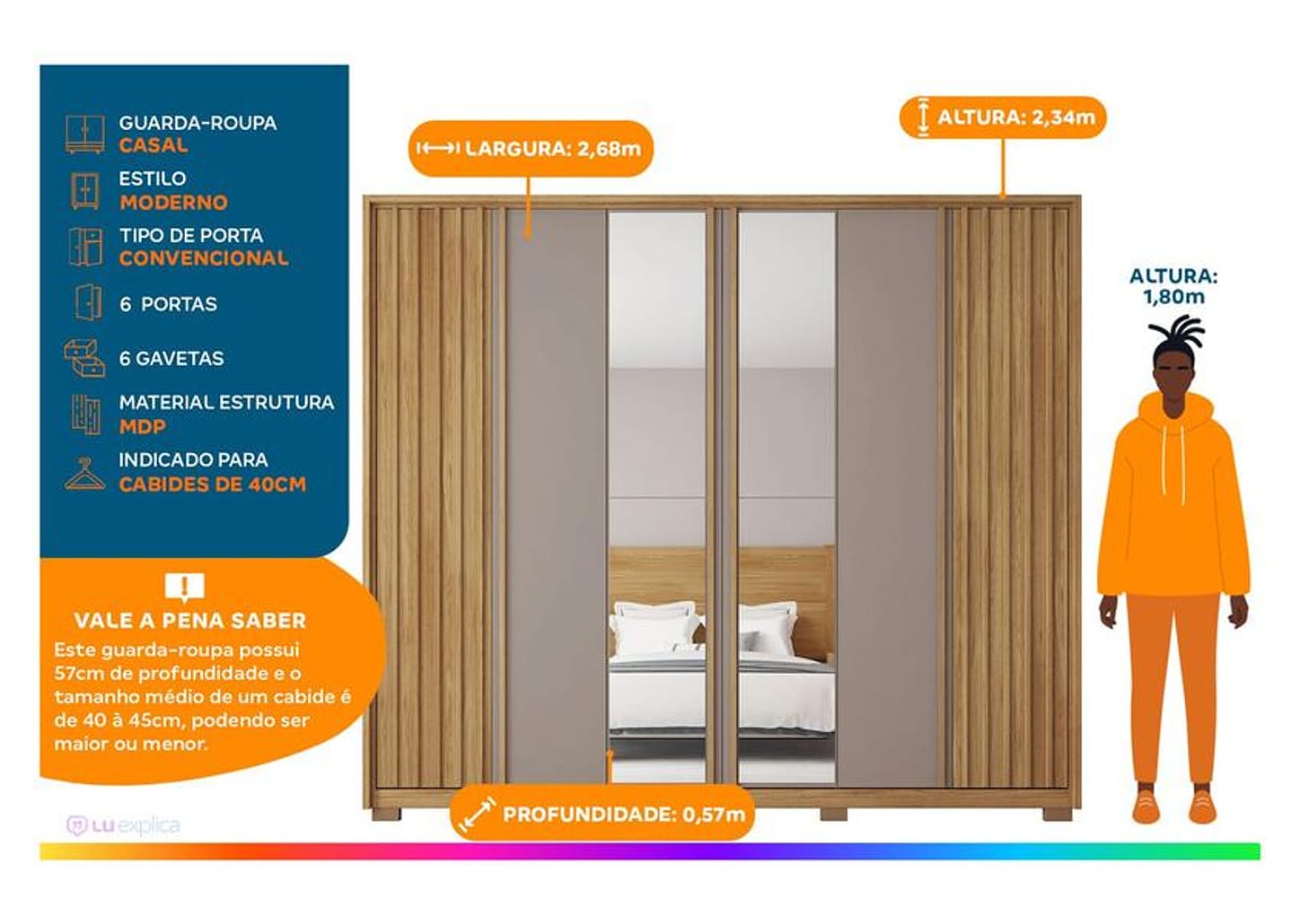 Guarda-roupa Casal com Espelho 6 Portas 6 Gavetas Caemmun Apollo