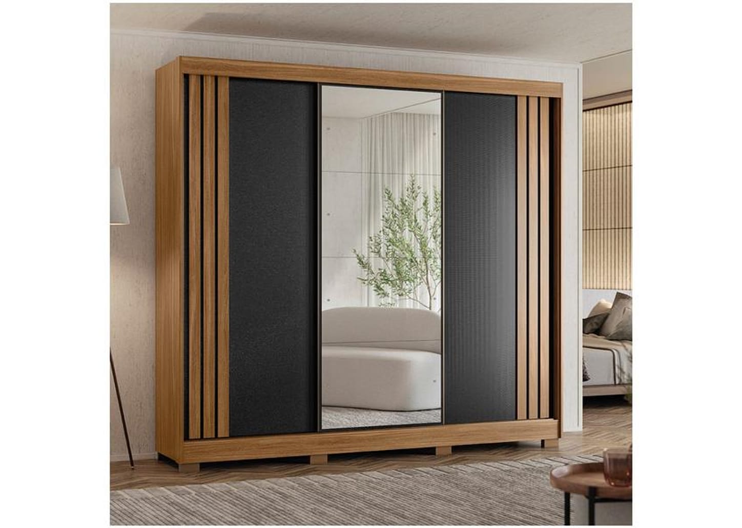 Guarda-roupa Casal com Espelho 3 Portas de Correr 6 Gavetas Demóbile Lille