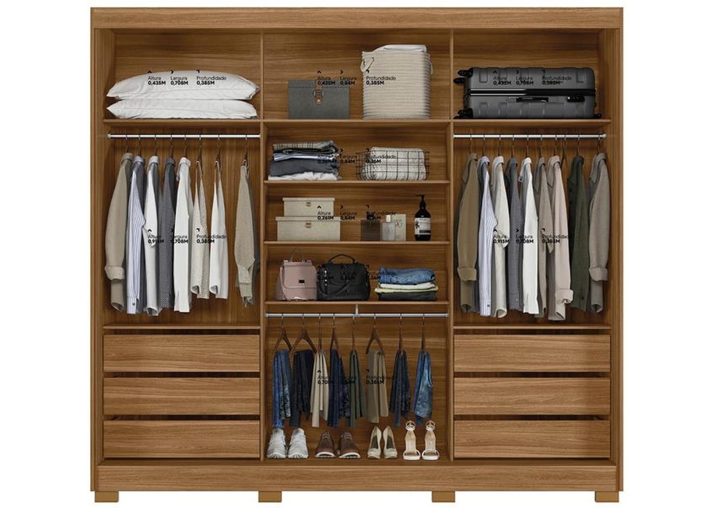 Guarda-roupa Casal com Espelho 3 Portas de Correr 6 Gavetas Demóbile Lille