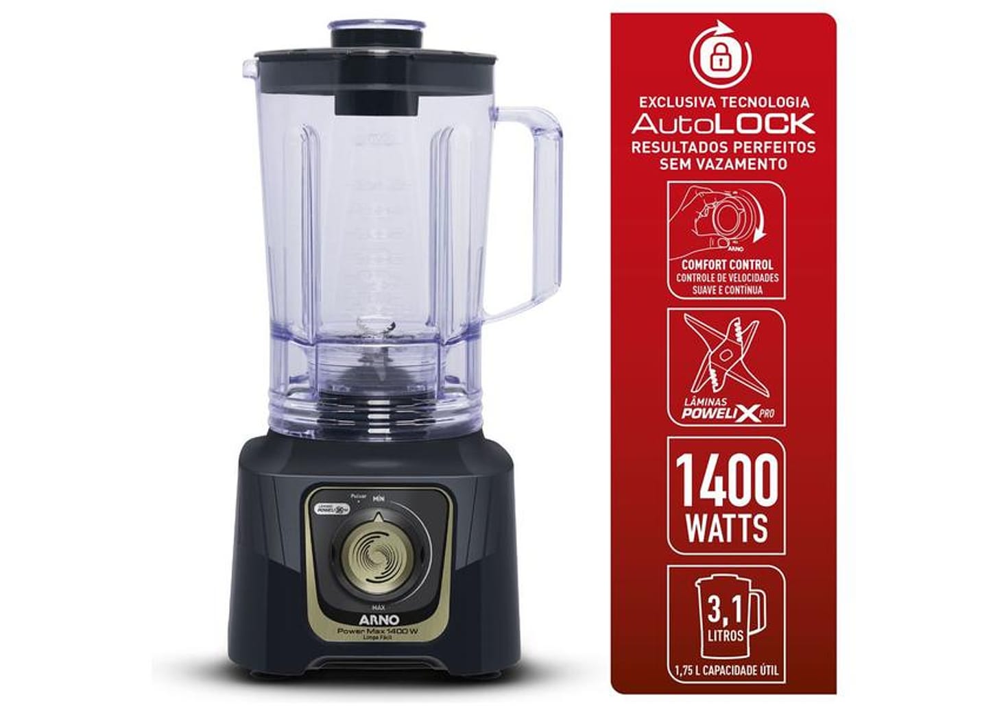 Liquidificador Arno Power Max Autolock LN78 15 Velocidades 1400W Preto e Cinza