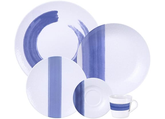 Aparelho de Jantar e Chá 20 Peças Tramontina Redondo de Porcelana Branco e Azul Soho 96589036