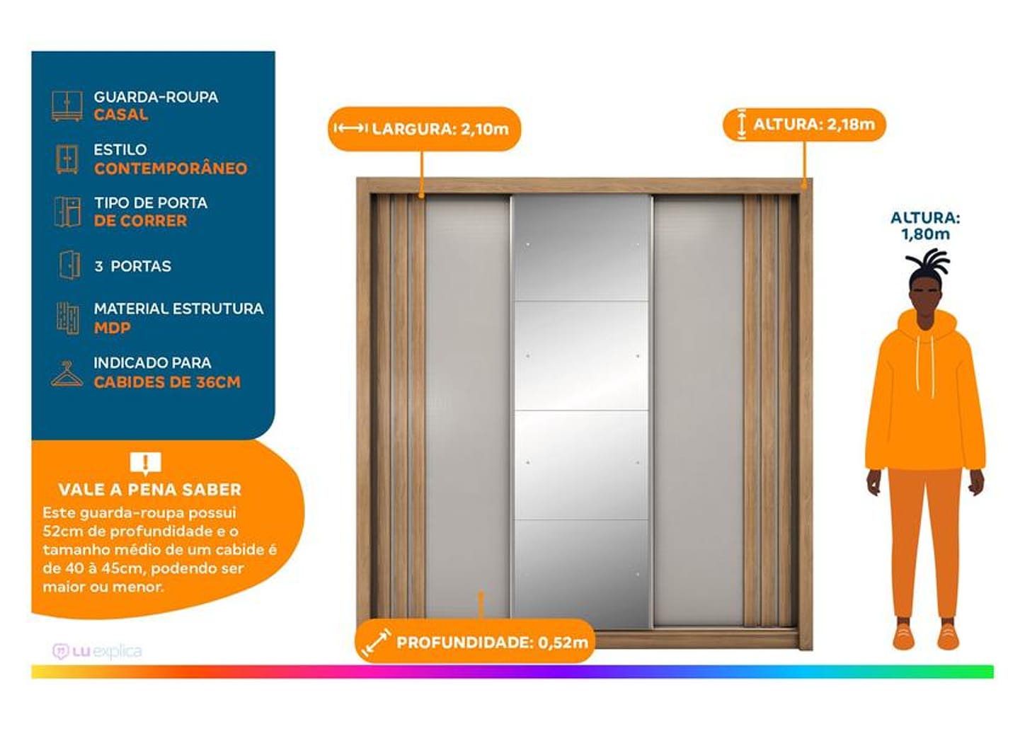 Guarda-roupa Casal com Espelho 3 Portas de Correr 2 Gavetas Demóbile Cannes