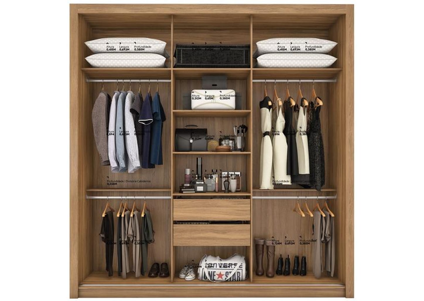 Guarda-roupa Casal com Espelho 3 Portas de Correr 2 Gavetas Demóbile Cannes