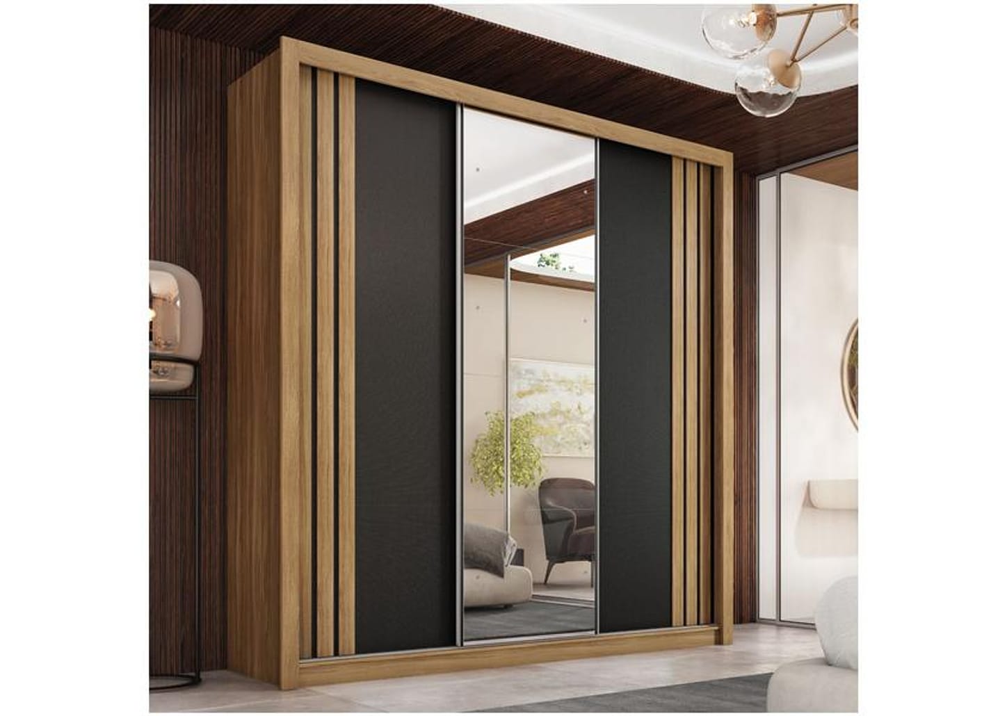 Guarda-roupa Casal com Espelho 3 Portas de Correr 2 Gavetas Demóbile Cannes