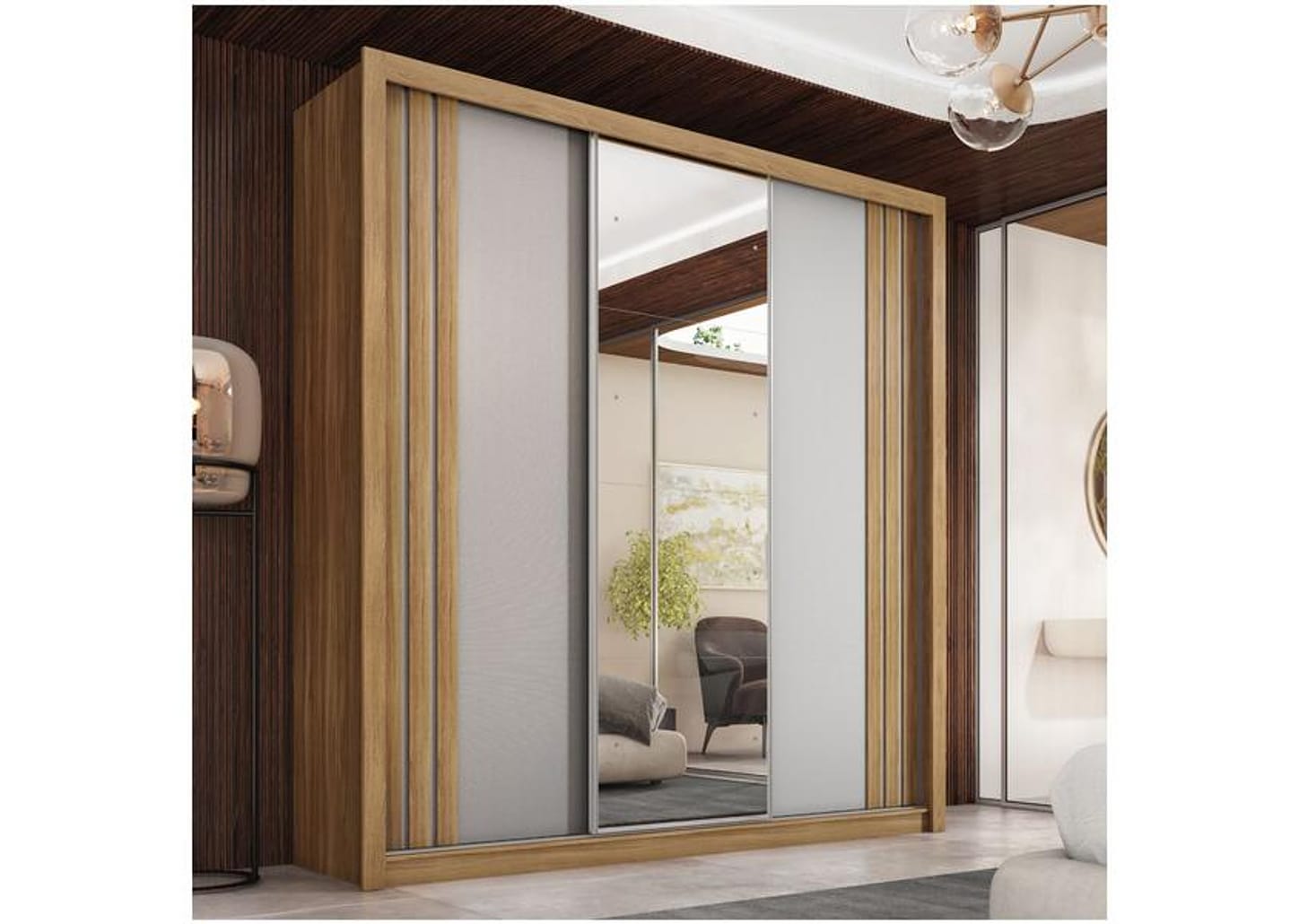 Guarda-roupa Casal com Espelho 3 Portas de Correr 2 Gavetas Demóbile Cannes