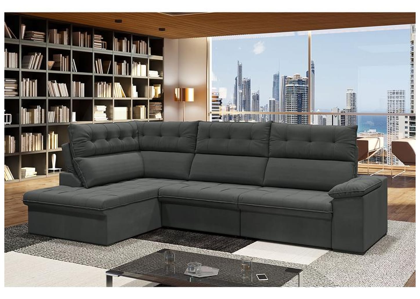 Sofá de Canto 6 Lugares Retrátil Reclinável Suede Veludo Madrid Flexforma Estofados