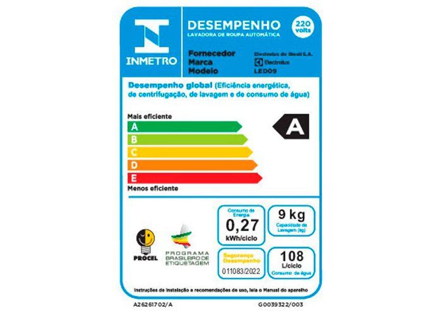 Lavadora de Roupas Electrolux 9kg 10 Programas de Lavagem Branco Efficient Care LED09