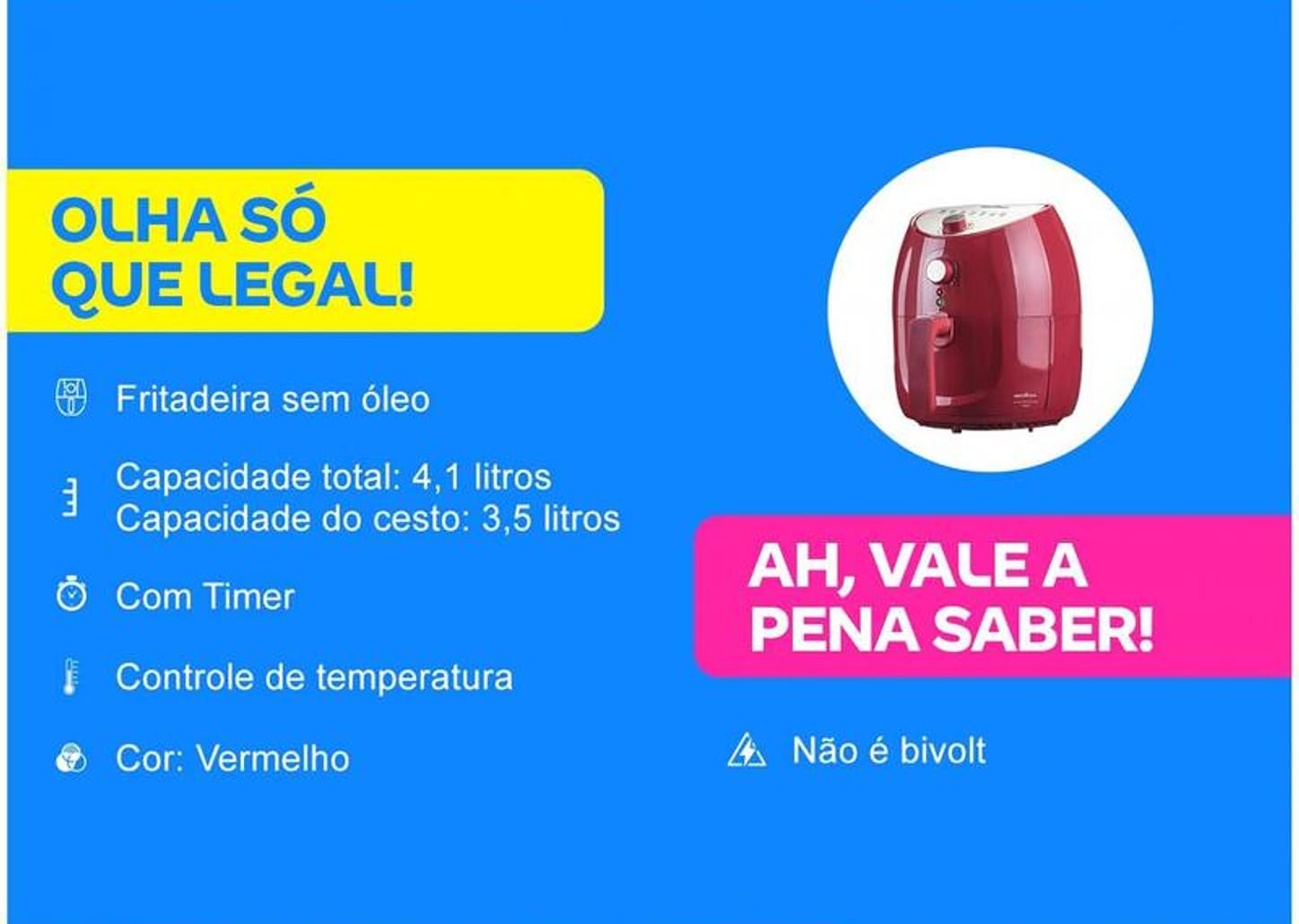 Fritadeira Elétrica sem Óleo/Air Fryer Britânia - BFR10VI Vermelha 3,5L com Timer