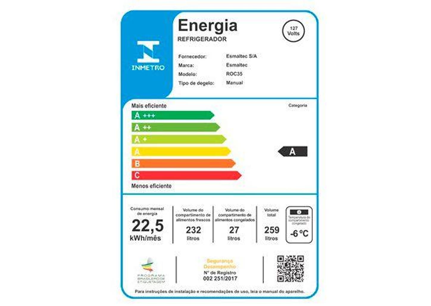 Geladeira/Refrigerador Esmaltec Degelo Manual 1 Porta Branca 259L Roc35 Pro