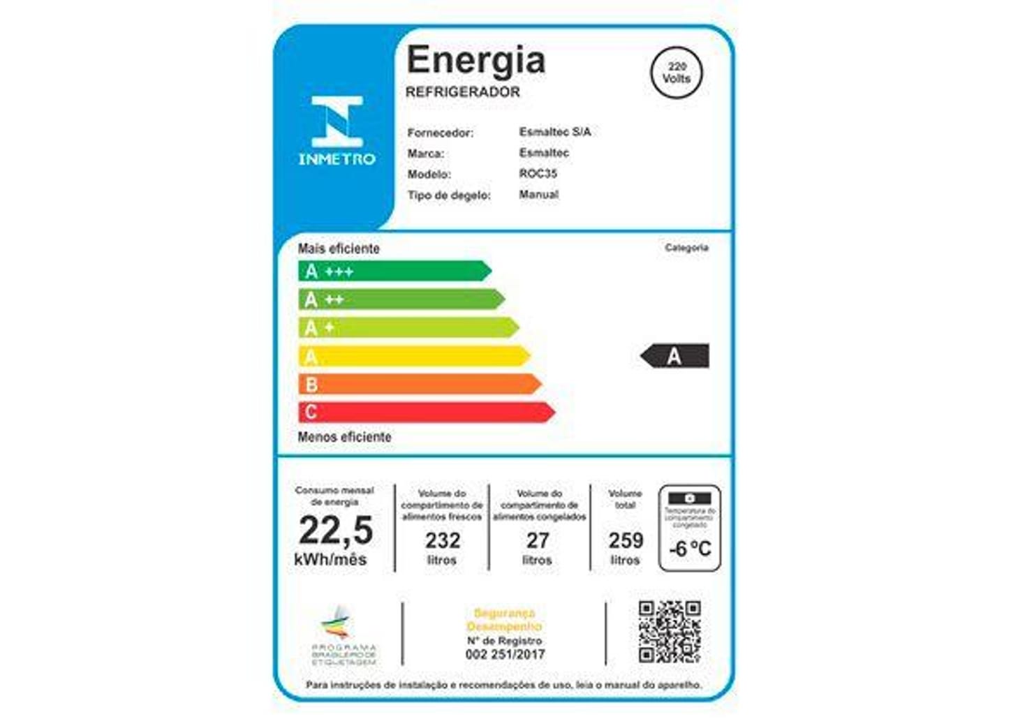 Geladeira/Refrigerador Esmaltec Degelo Manual 1 Porta Branca 259L Roc35 Pro