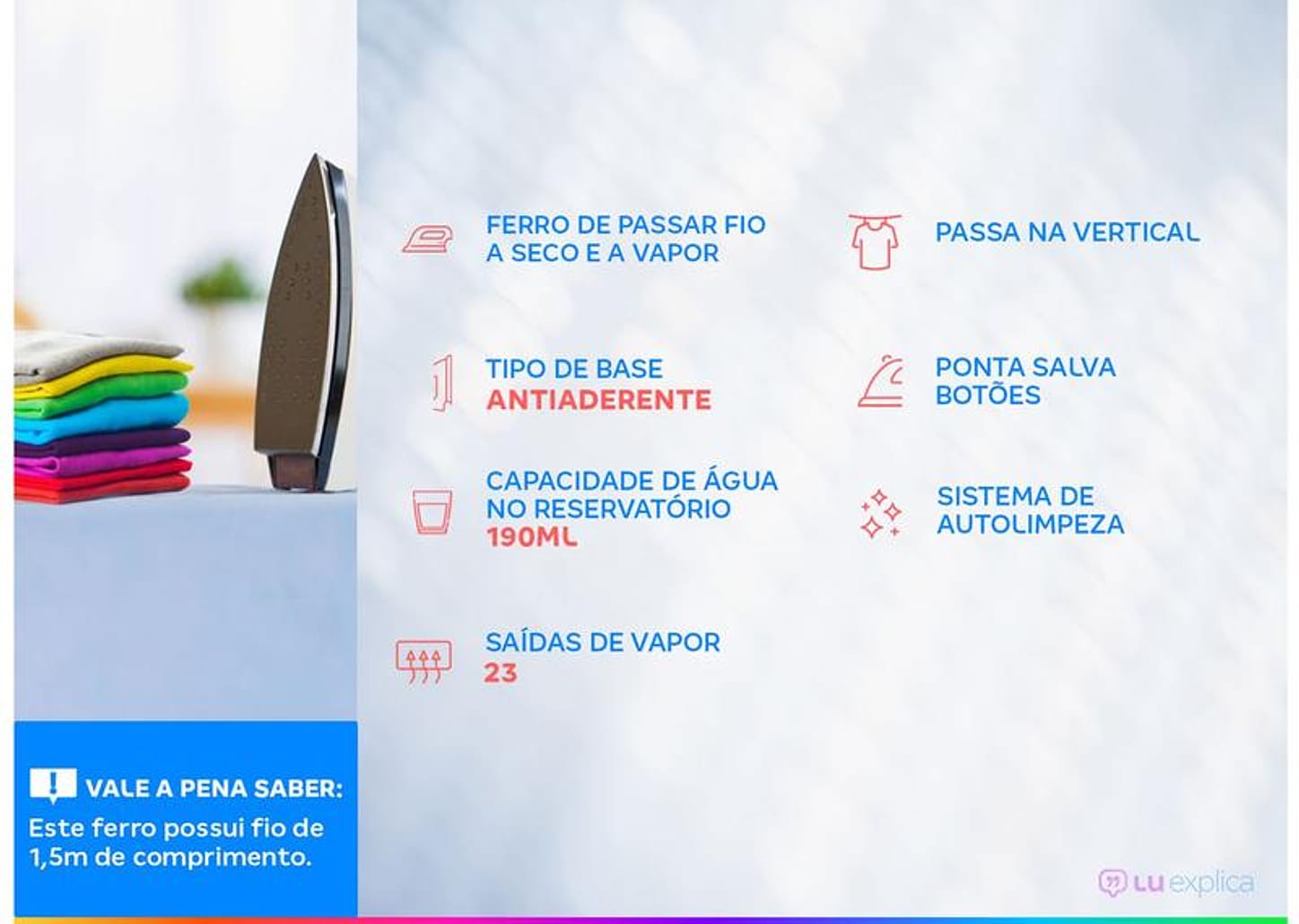 Ferro de Passar Roupa a Vapor e a Seco Britânia BFV202AZ Branco e Azul