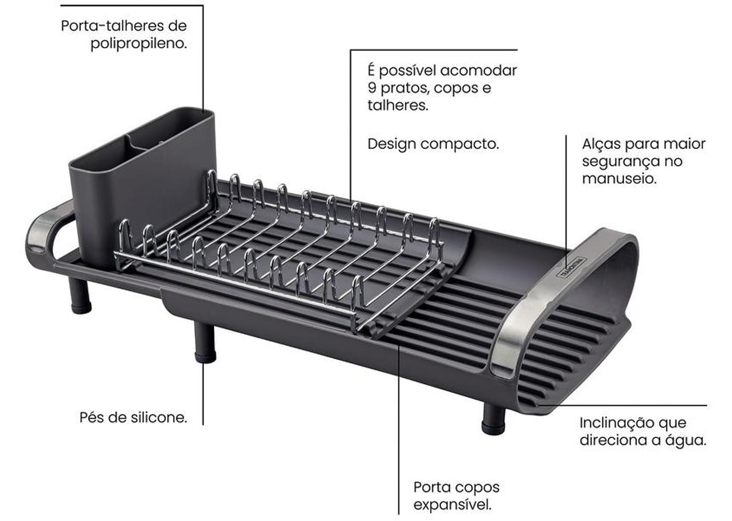 Escorredor de Louça Inox Tramontina Plurale Grafite 9 Pratos com Secador e Porta Talheres
