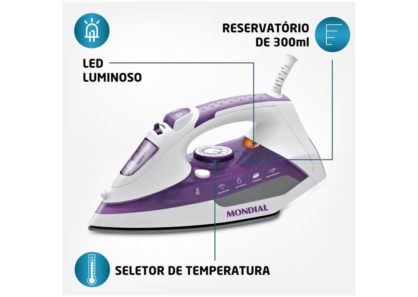 Ferro de Passar Roupa a Vapor e a Seco Mondial - Ceramic Express F-40 Branco e Lilás