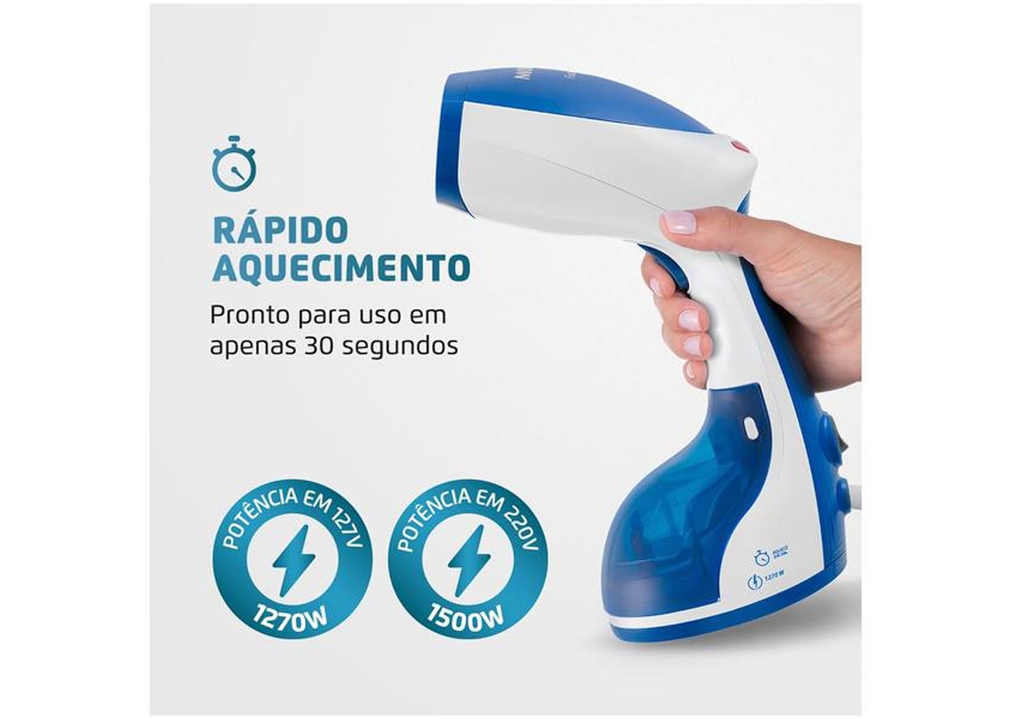 Passadeira a Vapor Mondial Portátil 260ml 1500W - Branco e Azul Fast Steam VP-09