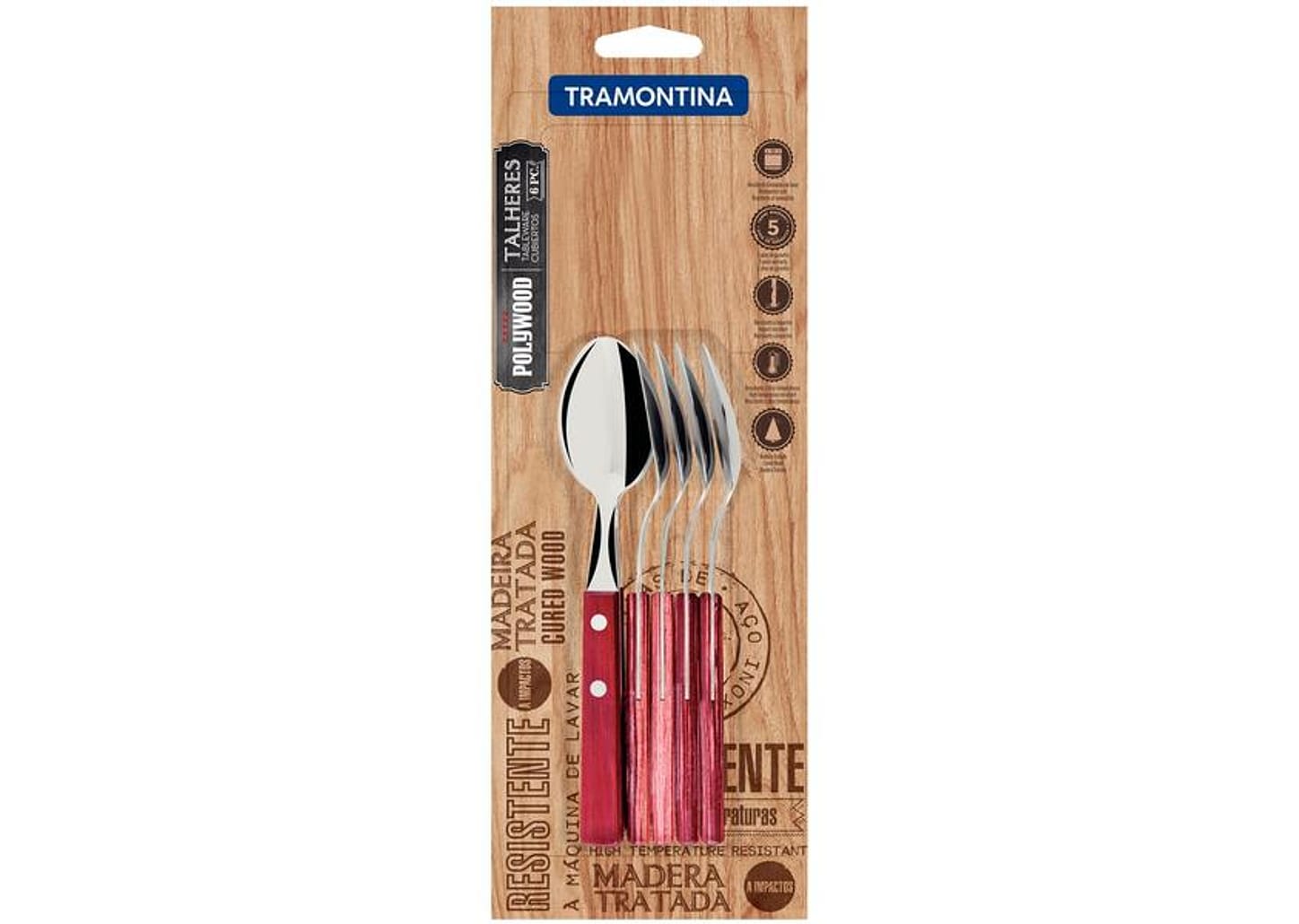 Jogo de Colher Tramontina Polywood Vermelho e Prata 6 Peças