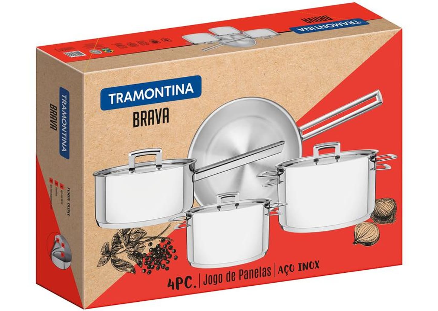 Jogo de Panelas Tramontina Brava 65400/020 Inox - Fundo Triplo 4 Peças