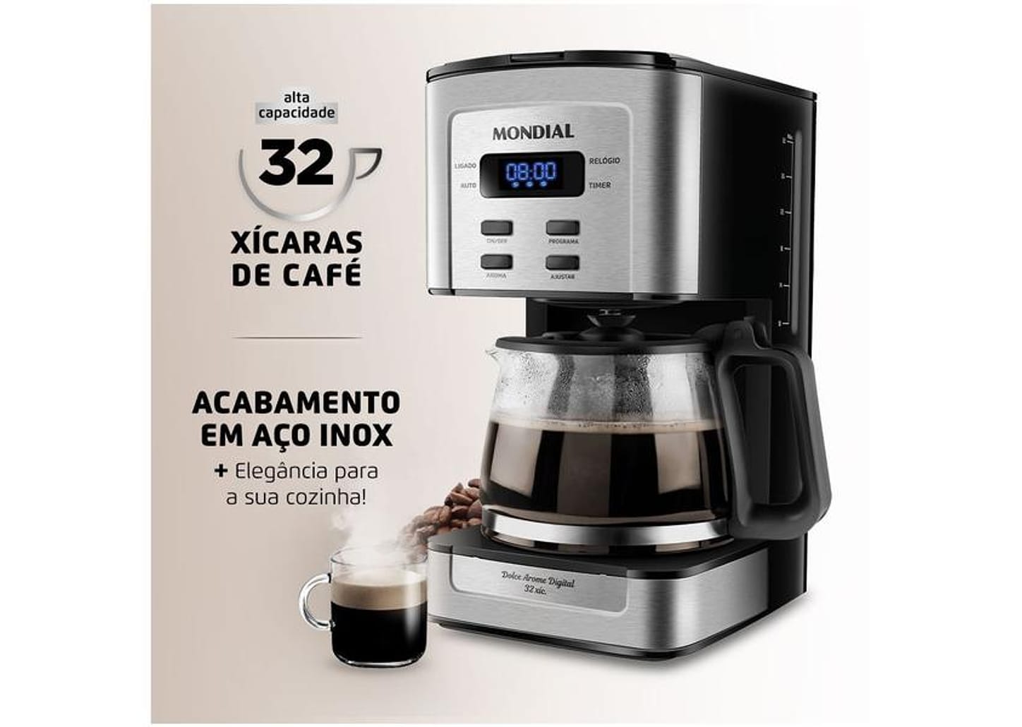 Cafeteira Elétrica Mondial Dolce Arome Digital 32 Cafés Preta e Inox