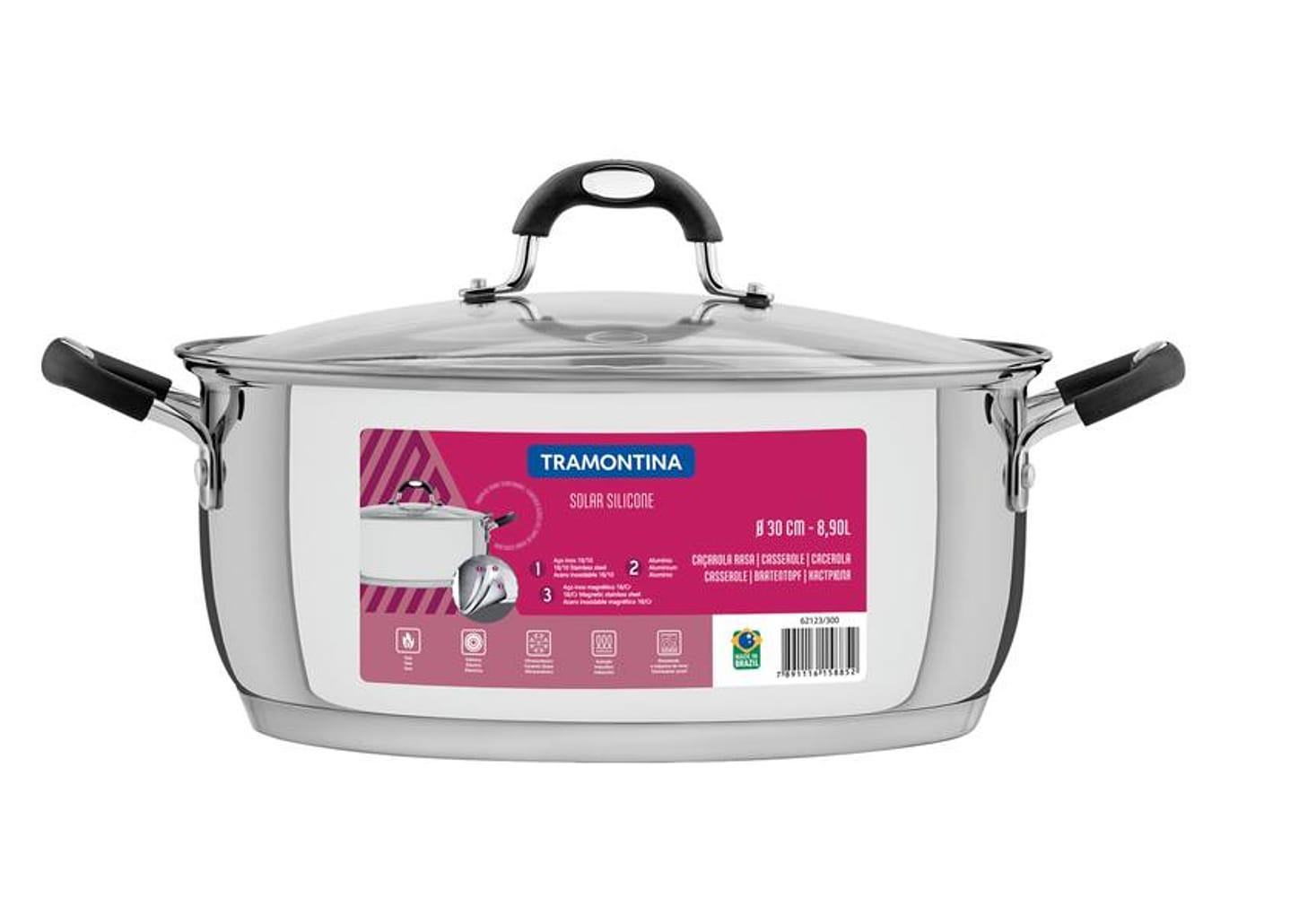 Caçarola Tramontina Inox Fundo Triplo com Tampa 8,9L 30cm Solar Silicone
