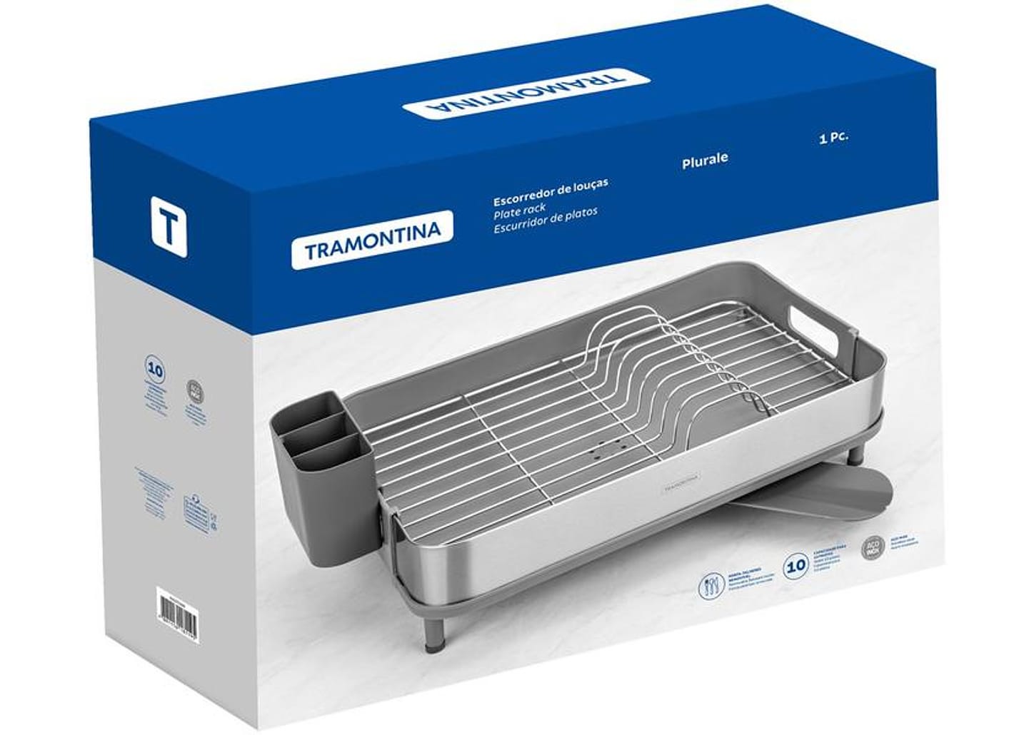 Escorredor de Louça Inox Tramontina Plurale Cinza 10 Pratos com Porta Talheres
