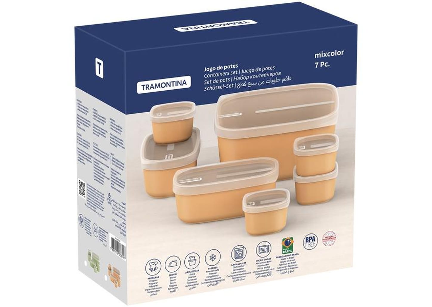 Jogo de Potes de Polipropileno Hermético Tramontina com Tampa Retangular 7 Peças
