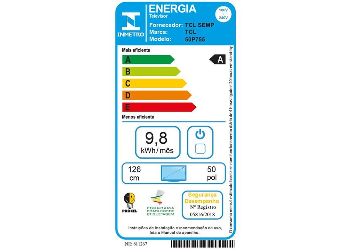 Smart TV 50" 4K UHD LED TCL 50P755 Wi-Fi Bluetooth 3 HDMI 1 USB