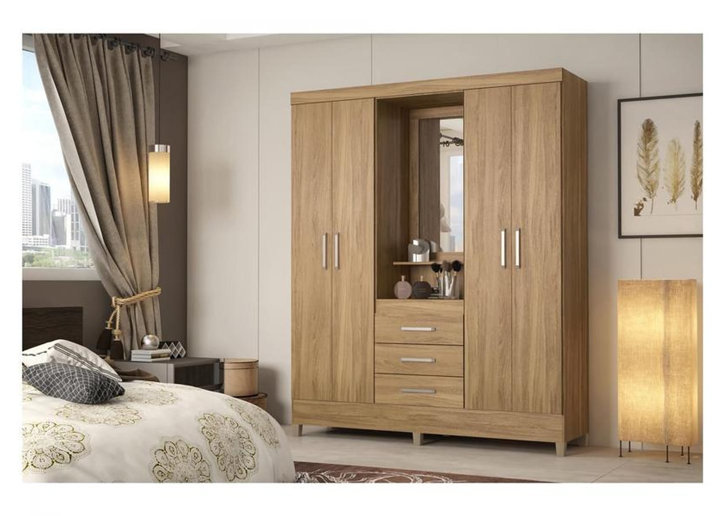 Guarda-roupa Solteiro com Espelho 4 Portas 3 Gavetas Demóbile Capelinha