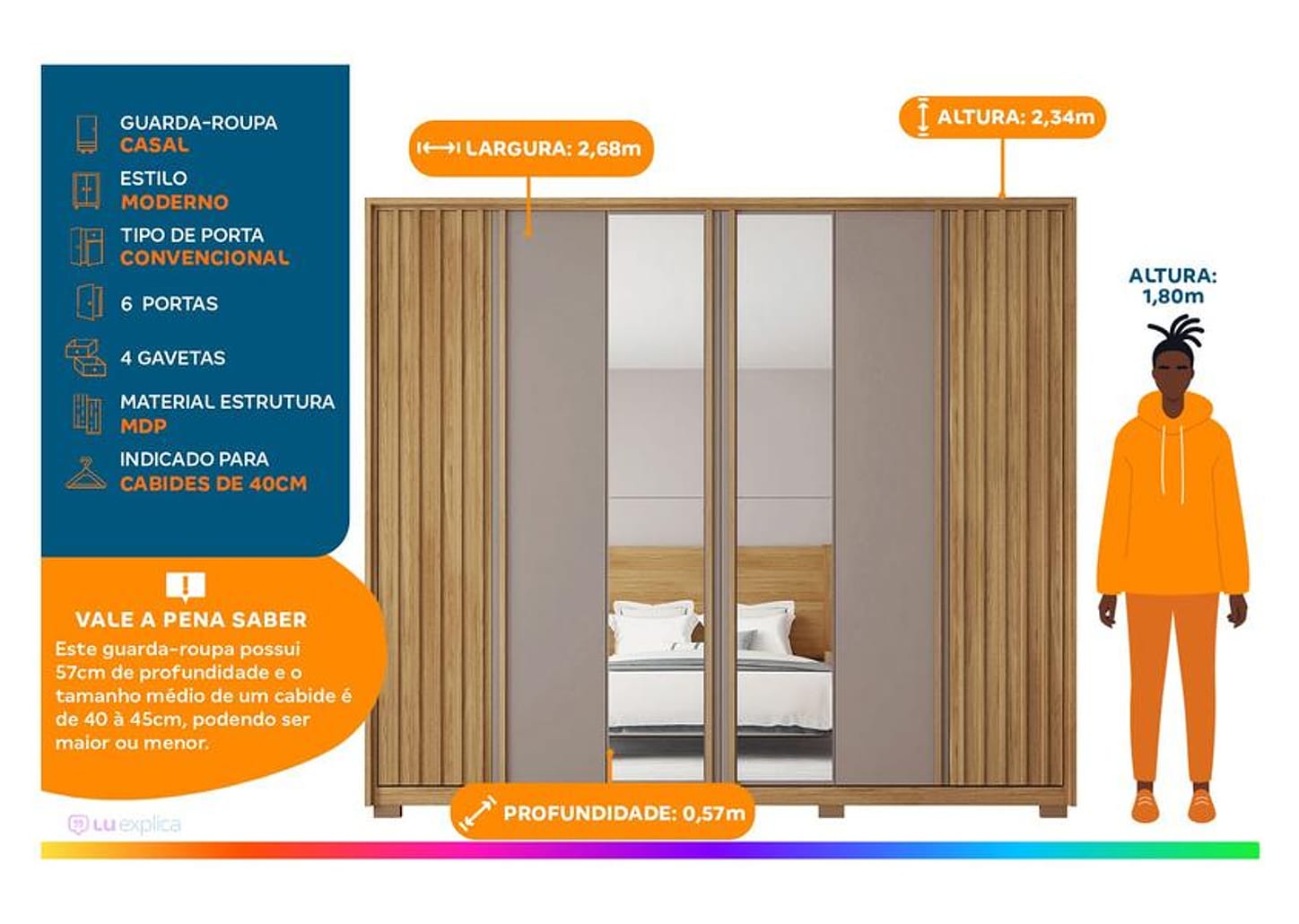 Guarda-roupa Casal com Espelho 6 Portas 4 Gavetas Caemmun Apollo