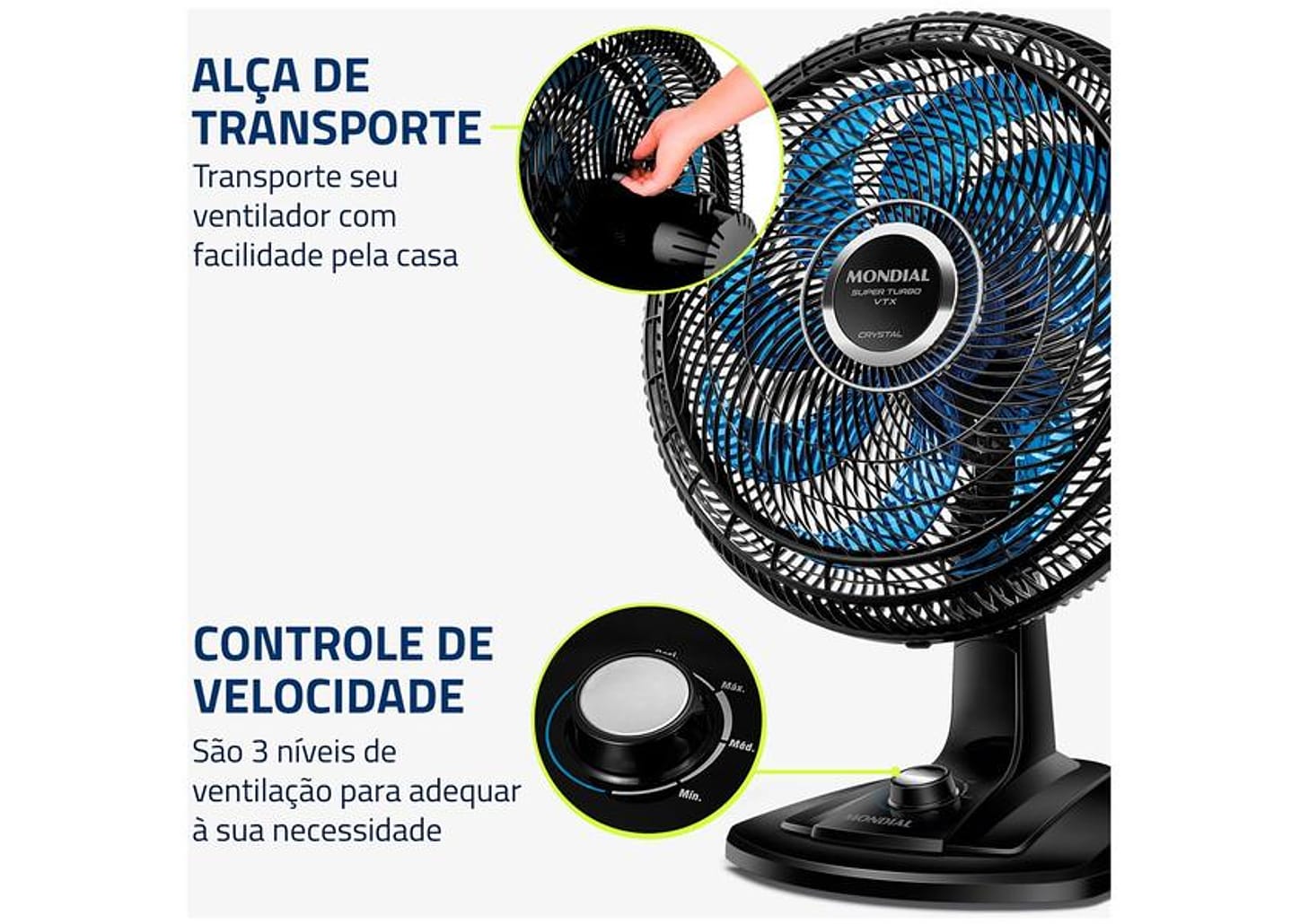 Ventilador de Mesa Mondial Super Turbo VTX-40-Crystal 40cm 8 Pás 3 Velocidades Preto
